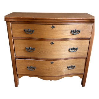 Vintage Bow-Front Wood 3-Drawer Dresser With Ornate Hardware For Sale