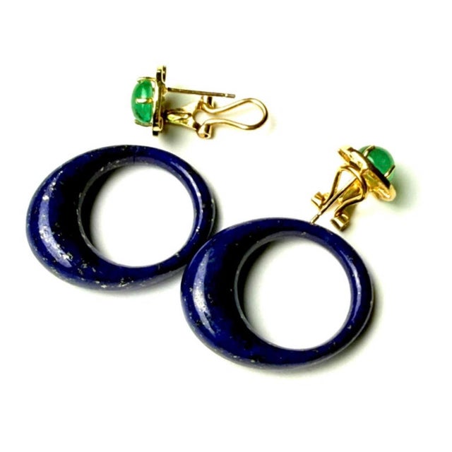 Gold 14k Yellow Gold Emerald, Diamond & Lapis Door Knocker Clip-on Earrings, Pair For Sale - Image 8 of 9