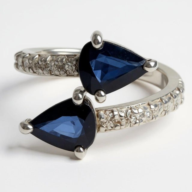 Metal 14k White Gold Matched 2 Pear-Shaped Sapphire and Diamond Cross Ring, Size 6.25 For Sale - Image 7 of 9