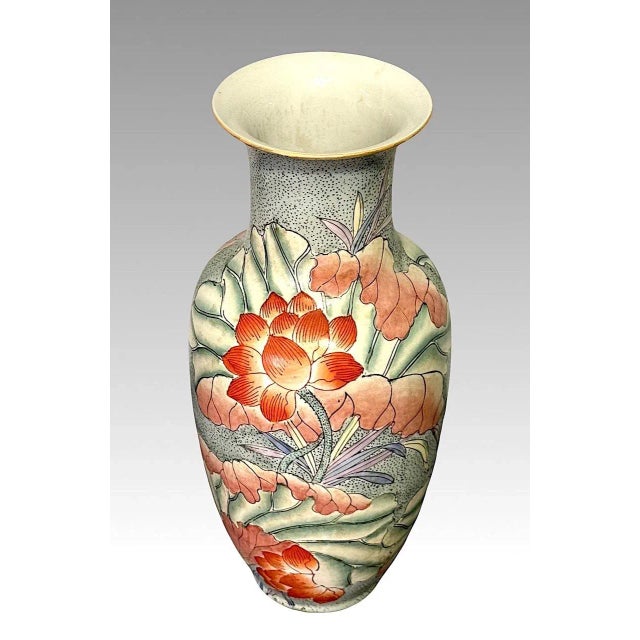 Vintage Macau Chinese Porcelain Vase Hand Painted With Orange Lotus Flowers in the Kangxi Style For Sale In Tampa - Image 6 of 8