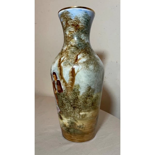 Quality Vintage Hand Painted Gilt Porcelain Figural Landscape Scene Vase Urn For Sale - Image 4 of 12