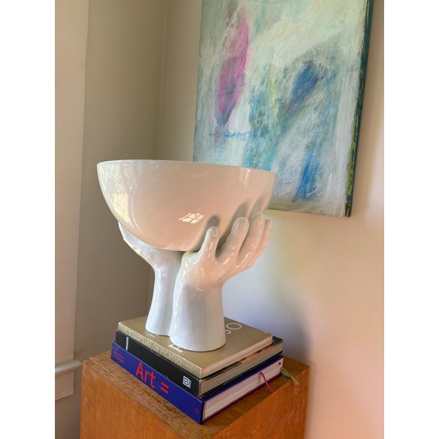 1970s Monumental Vintage Italian White Ceramic Hands Bowl Sculpture, Made in Italy For Sale - Image 5 of 11