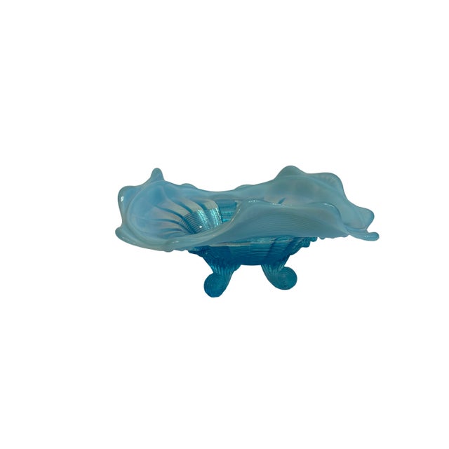 1900 - 1909 Vintage Northwood Glass Bowl Klondyke Blue Opalescent 3 Footed Scroll Candy Dish For Sale - Image 5 of 6