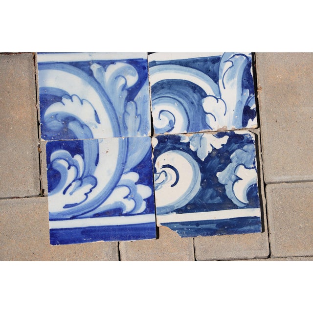 Antique 18th Century Portuguese Blue & White Rococo Scroll Tiles, Baroque Period, Set of 8 For Sale - Image 6 of 8