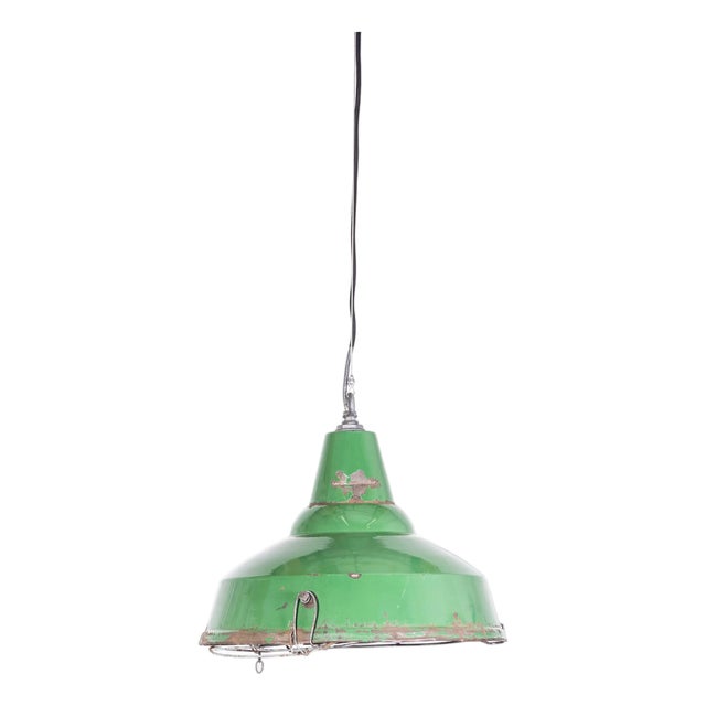 Industrial Enamel Green Single Pendant Lamp in Mesh, 1940s For Sale
