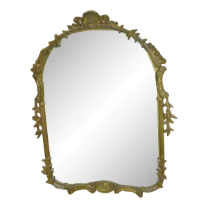 Vintage Large Green / Gold Wood Ornate Carved Stroupe Arched Wall / Over Mantle Mirror