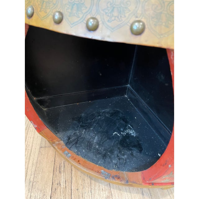 Chinese deep rich cinnabar Qing Red Coromandel Sake Barrel Drum Table and 4 Stools with Brass Rings. Fabulous large round...