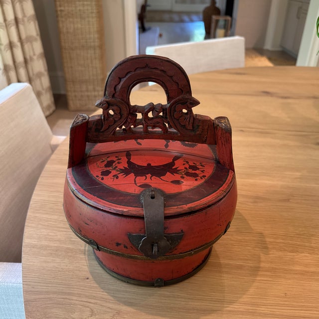 Beautiful antique Chinese red lacquer wedding basket. Hand painted and hand carved, these baskets were historically used...