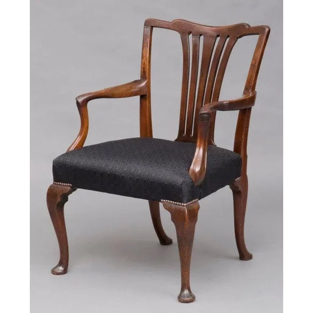 George II period Chippendale mahogany armchair with shaped top rail above five vertical pierced splats, molded arm...
