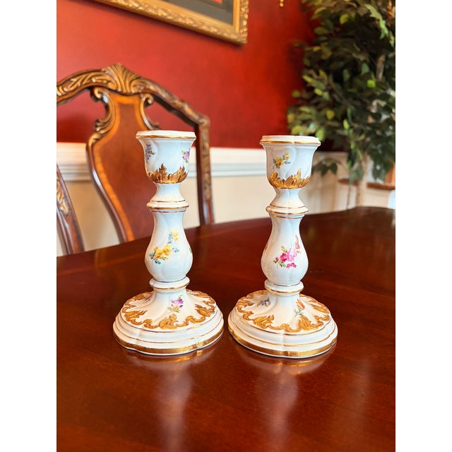 Late 20th Century Antique Meissen Porcelain Candlesticks Pair German Floral Rococo Candle Holders For Sale - Image 5 of 10