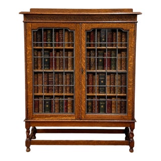 Antique English Bookcase Cabinet Double Door Leaded Wavy Glass Oak c.1930s For Sale