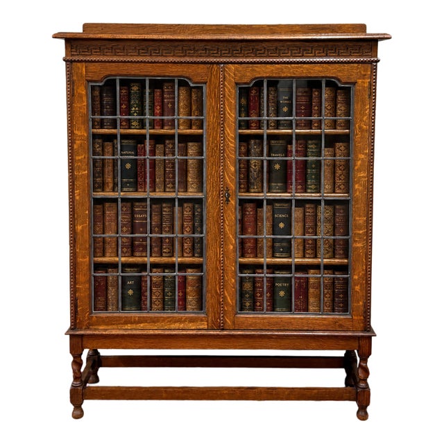 Antique English Bookcase Cabinet Double Door Leaded Wavy Glass Oak c.1930s For Sale