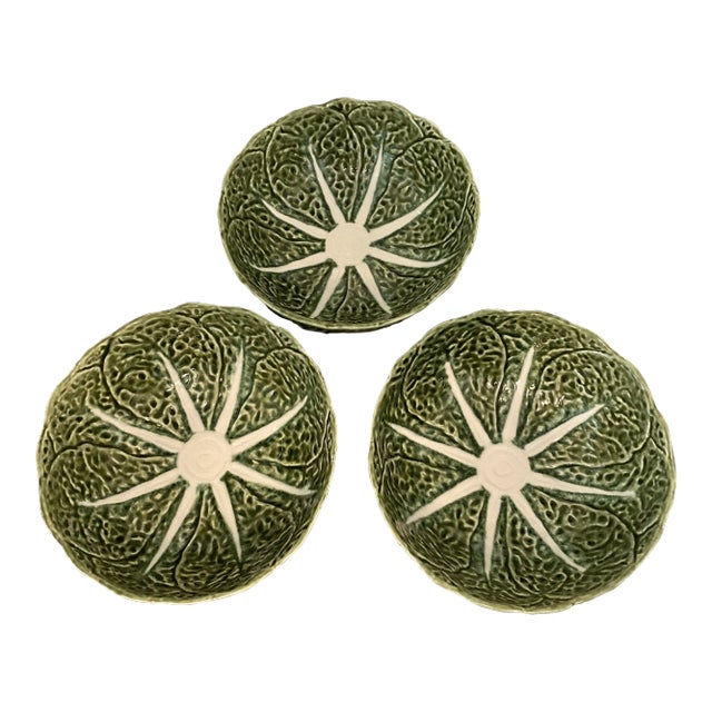 Vintage Majolica Ceramic Cabbage Leaf Bowls-Set of 3 For Sale