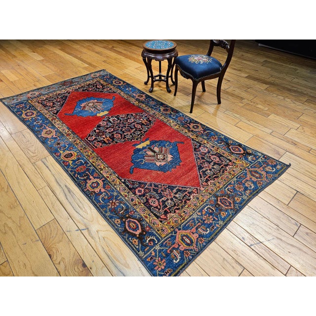 Vintage Persian Bidjar Gallery Rug, Hand-Knotted Wool, Geometric Pattern, Carnelian Red & Blue, 5x9 For Sale In Chicago - Image 6 of 18