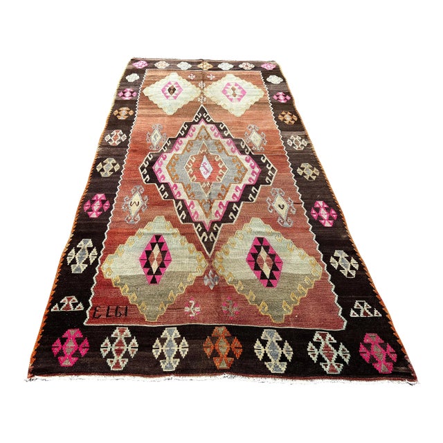 1960s Handmade Bold Design Kilim - 63" X 133" For Sale