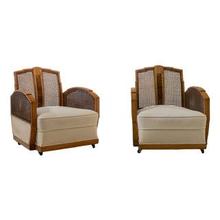 Art Deco Armchairs in Cane and Fabric, France, 1930s, Set of 2 For Sale