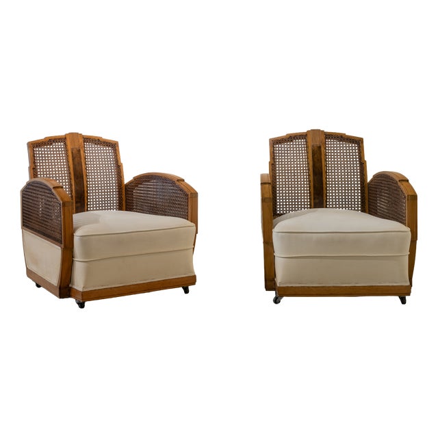 Art Deco Armchairs in Cane and Fabric, France, 1930s, Set of 2 For Sale