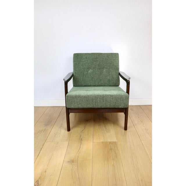 Vintage Brown Wooden Armchair in Green-Olive Jeans Design from Z. Bączyk, 1970s For Sale - Image 3 of 9