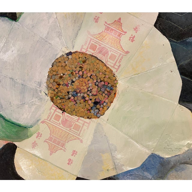 1980s collage incorporating a flattened Chinese take out container. Paint on layered paper with found object, signed...