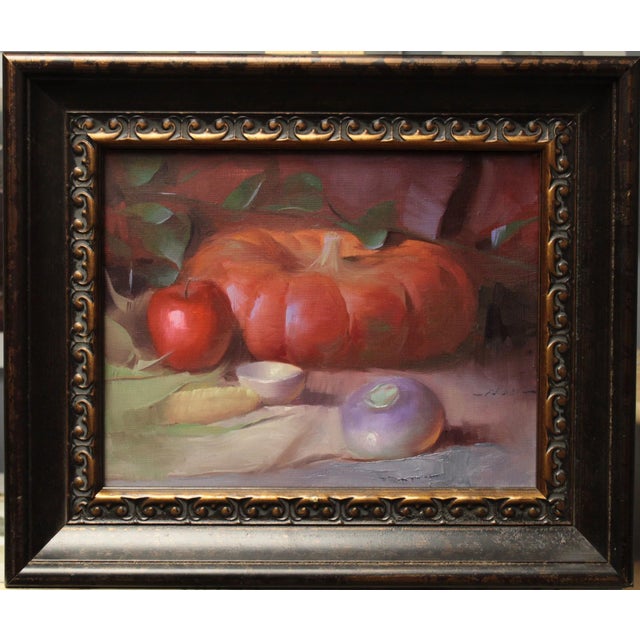 This still life features a vibrant pumpkin as the focal point, flanked by a red apple and a purple turnip, creating a...