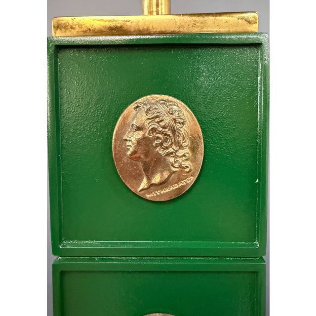 Neoclassical 1970s Neoclassical Style Green Column Lamps With Brass Medallions W/Brass Base - a Pair For Sale - Image 3 of 11