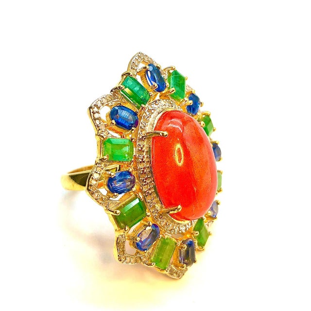 Bochic "Orient" Orange Opal, Emerald, & Diamond Ring Set In 18K Gold & Silver For Sale - Image 13 of 18