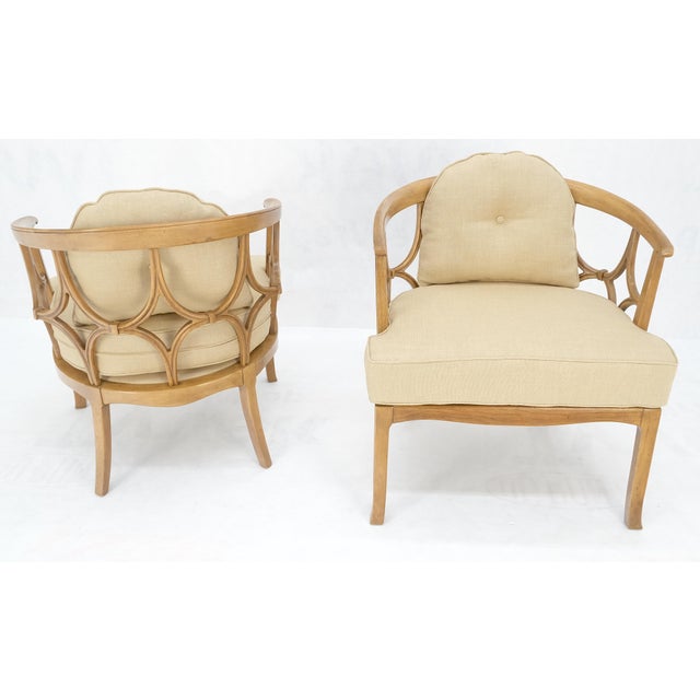 Mid 20th Century Pair of New Gold Linen Upholstery Barrel Back Wrap Around Lounge Arm Chairs MINT For Sale - Image 5 of 14