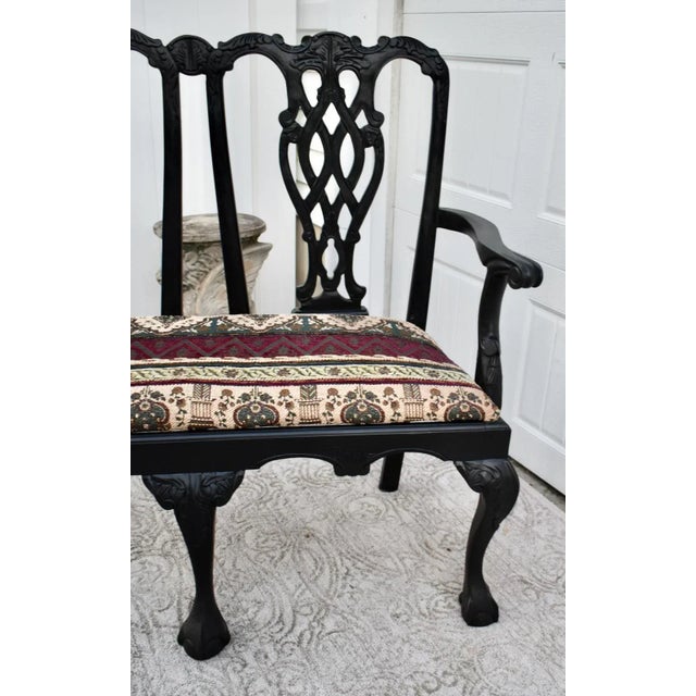 Chippendale Vintage Chippendale Style Bench Settee Carved Fretwork Black Two Seater Chair For Sale - Image 3 of 13