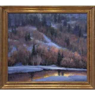 When the River Speaks by Seth Winegar | Oil on Panel Winter River at Dusk For Sale