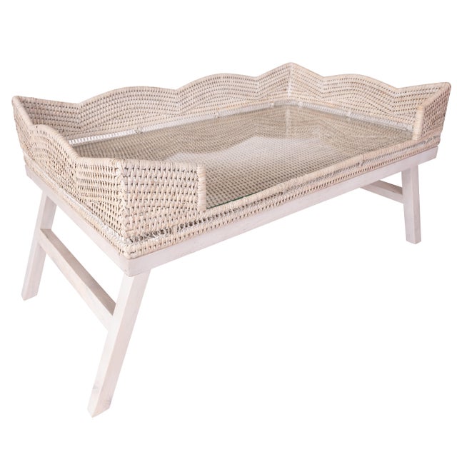 Coastal Artifacts Rattan Scallop Design Breakfast Tray with Wooden Legs with Glass insert, White Wash For Sale - Image 3 of 5