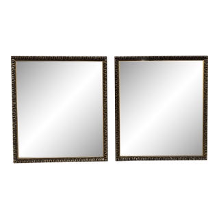 Vintage Rococo Revival Ebonized Black & Gold Square Wood Mirrors, a Pair For Sale