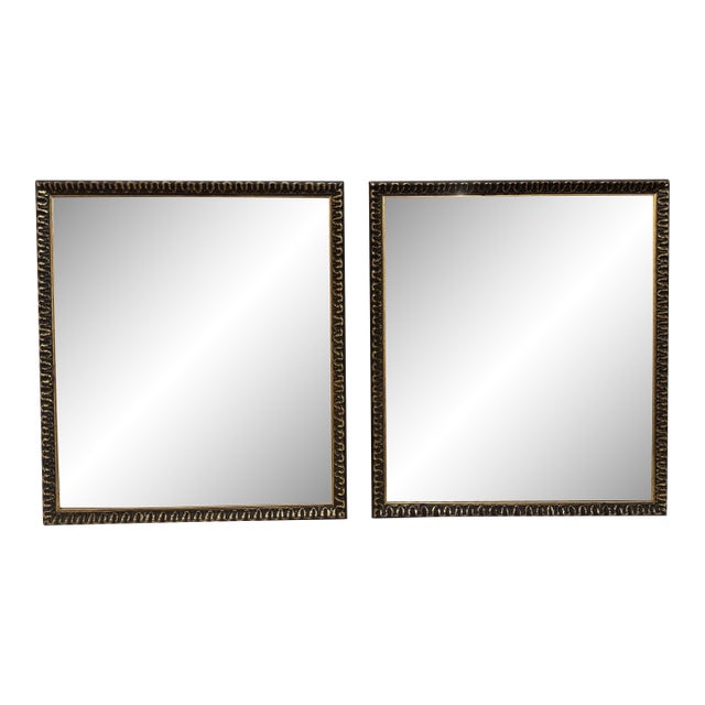 Vintage Rococo Revival Ebonized Black & Gold Square Wood Mirrors, a Pair For Sale