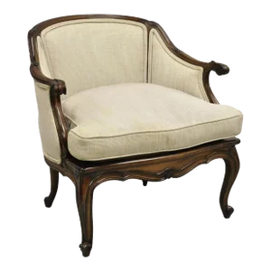 Mid 20th Century Vintage French Country Louis XV Style Carved Walnut Low Bergere Lounge Chair