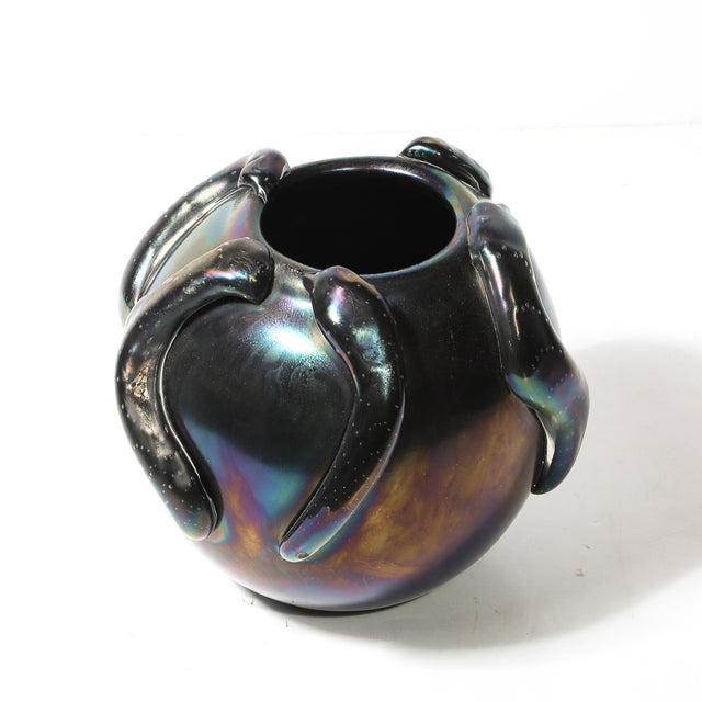Mid-Century Hand-Blown Murano Iridescent & Black Glass Vase W/ Sculptural Detail For Sale - Image 4 of 14