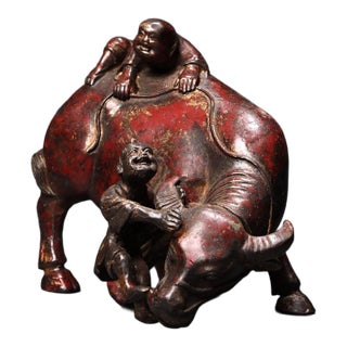 Vintage Bronze Sculpture of Boys Playing With a Water Buffalo For Sale