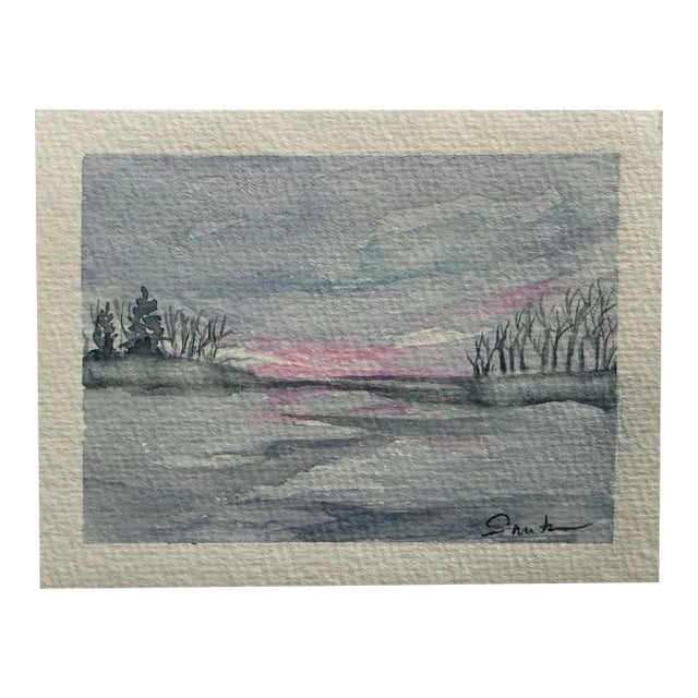 Original Watercolor Miniature Painting “Winter Sunset” For Sale