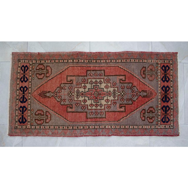 Small Rug Hand Knotted Distressed Oushak Rug Yastik - 21'' X 41'' For Sale - Image 12 of 14