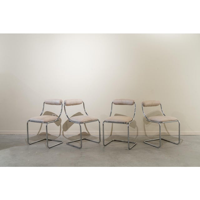 Metal Set of Four Tubular Steel Chairs, Space Age, Upholstered in White Suede. C. 1970, Set of 4 For Sale - Image 7 of 13