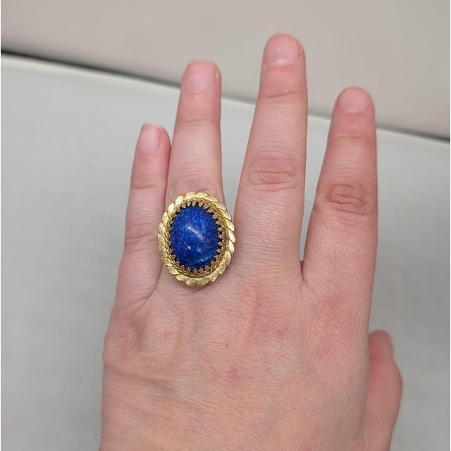 Mid-Century Modern Vintage 1968 Signed Napier Goldtone Cabochon Faux-Lapis "Poison" Adjustable Ring For Sale - Image 3 of 13