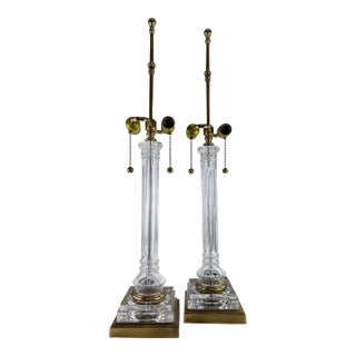 Mid-Century Vintage Cut Glass and Brass Column Table Lamps/Pair For Sale