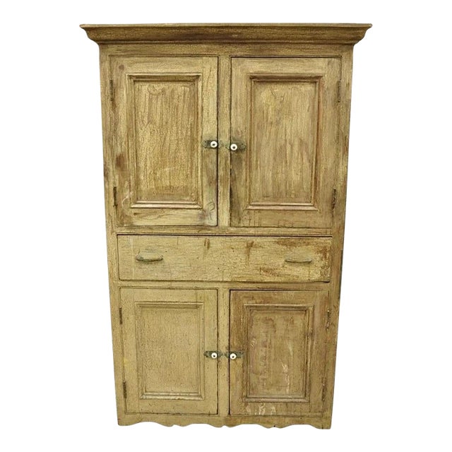 Antique French Country Farmhouse Beige Distressed Paint Kitchen Cupboard Cabinet For Sale
