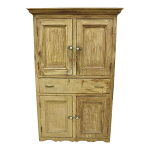Antique French Country Farmhouse Beige Distressed Paint Kitchen Cupboard Cabinet