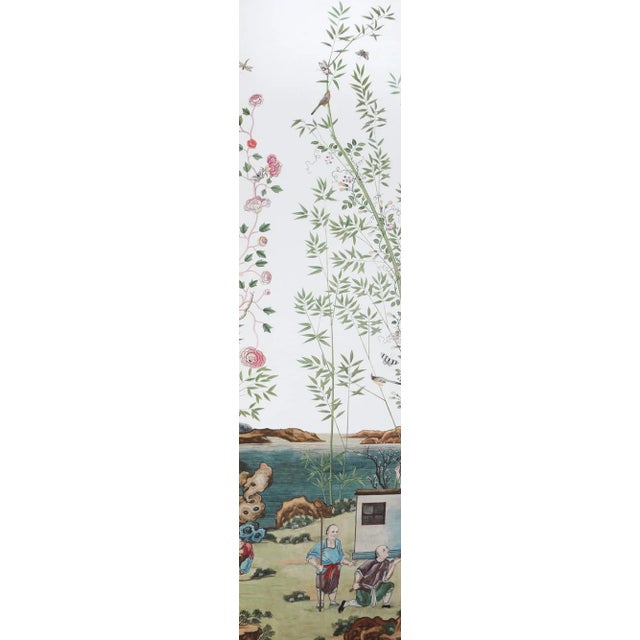 Exquisite artisan hand-painted chinoiserie mural with clean off-white backdrop, blending elegant bamboo groves, blooming...