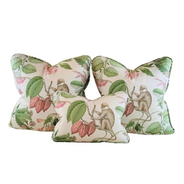 Contemporary Designer P Kaufmann Lydia Irwin Ivory& Pink, Green & Tan Botanical Floral Jungle Leaves Monkey Tropical Pillow Covers- a Pair For Sale In Jacksonville, FL - Image 6 of 7