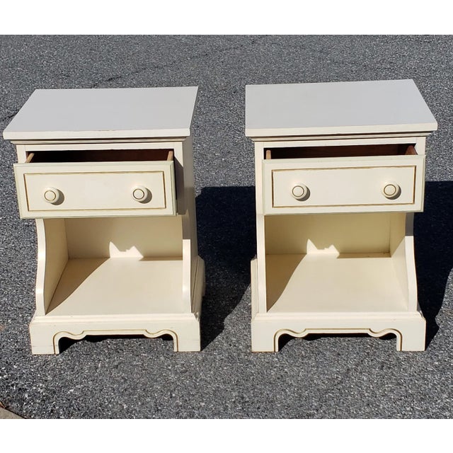 Pair of Mid Century Dixie Furniture single drawer Laminated Top Side Tables measuring 18"W x 15"D x 23" in height. Drawer...