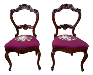 Early 20th Century Pair of Antique Victorian Style Hand Carved Needlepoint Seat Parlour Chairs