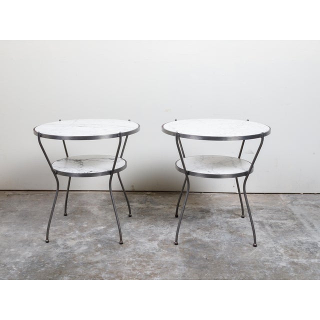 Pair of Italian Midcentury Steel Side Tables with Marble Tops and Shelves For Sale - Image 9 of 11
