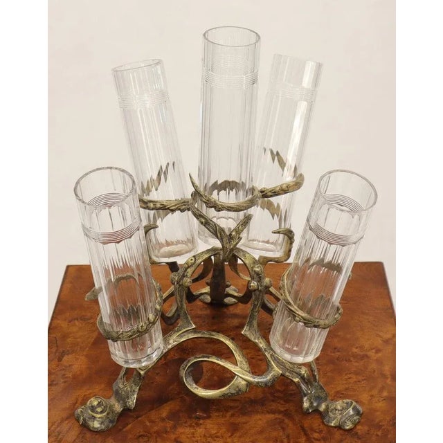 Metal Art Nouveau 5 Branches Center Piece Cut Glass Vases For Sale - Image 7 of 13