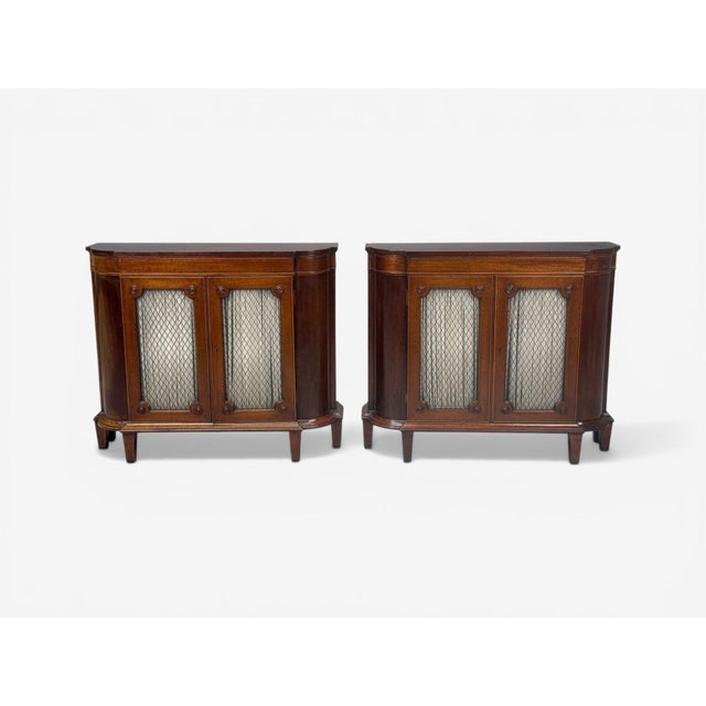 Traditional English Regency, Demilune Cabinets, Mahogany, Brass, Fabric, England, 20th C. For Sale - Image 3 of 14