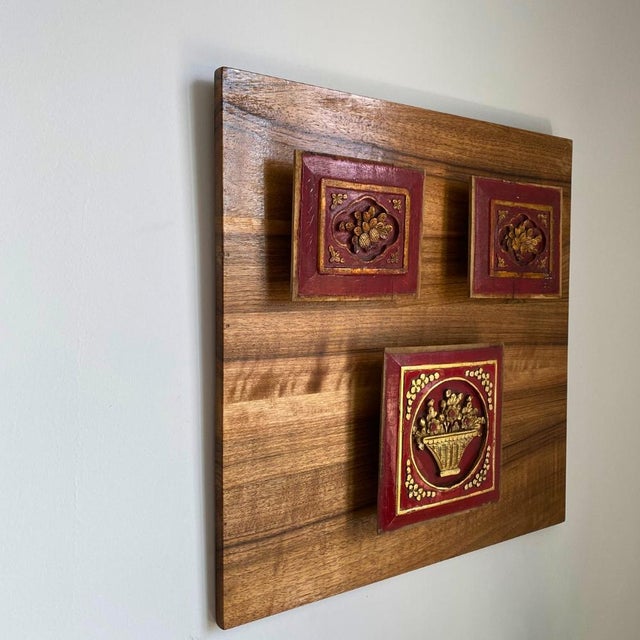 Architectural Wall Art – c.1920 Chinese Giltwood Carved Triptych For Sale - Image 4 of 9